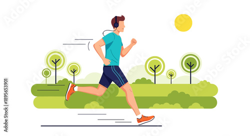 Running in the Park: A Cartoon Illustration of a Man Enjoying Outdoor Exercise and Nature