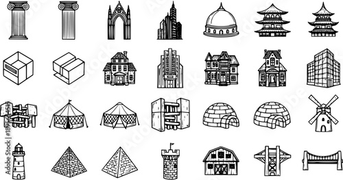 Black and White Line Art Icons of Architectural Buildings and Structures