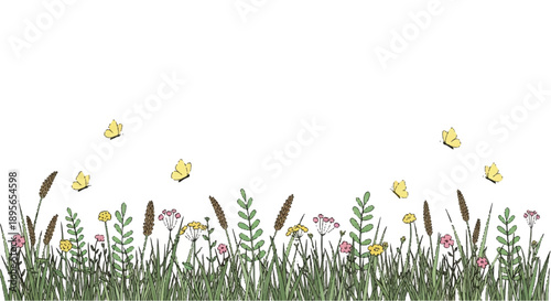 Hovering Butterflies Over a Vibrant Meadow Illustration, Showcasing Lush Grass and Colorful Flowers