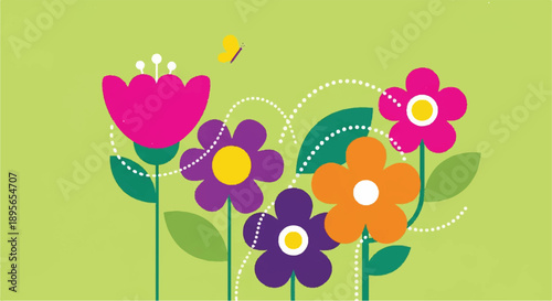 Vibrant illustration of flowers and a butterfly over lime background, seen from a close-up view