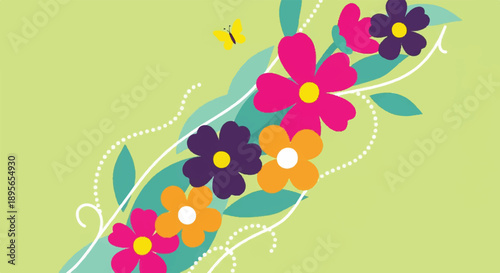 Display of flowers, leaves, stems, vines, and a bird in an illustration, viewed from an angle