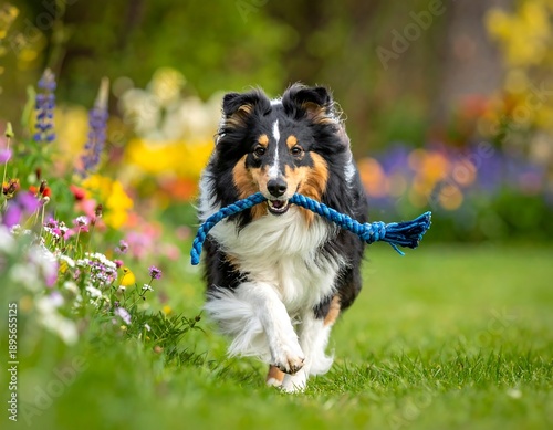 A happy dog with a blue rope toy runs towards the viewer in a flowered garden