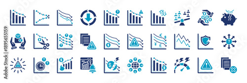 economic uncertainty icon set collection in glyph duotone style. icon set consist of falling chart, volatile chart, broken arrow, downward arrow, question chart, warning graph, bar volatility