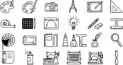 Black and White Line Art Icons for Creative Design and Art Industry, Including Tools and Supplies