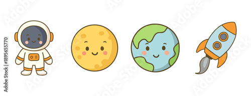 Cute Smiling Space Icon Set with Astronaut, Moon, Earth, and Rocket