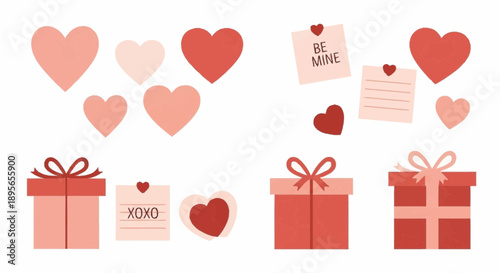 Valentines Day gift boxes and hearts in shades of red and pink, surrounded by love notes and stickers