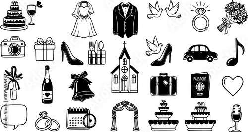 Wedding Icons Black and White Line Art Vector - Cake, Rings, Dress, Suit, Church, Car, Gift