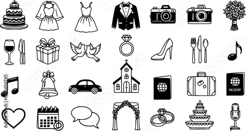 Wedding Icons Line Art - Bride, Groom, Cake, Rings, Church, Car, Travel, Music, Gifts