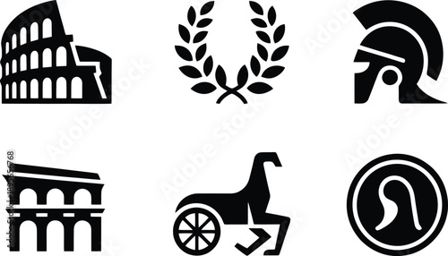 Ancient rome icons colosseum laurel wreath helmet and chariot