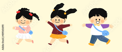 Happy Korean kindergarten children walking and running with blue crossbody bags in a cute flat vector illustration style.