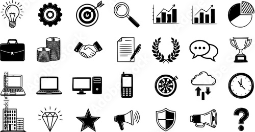 Business Icons Set - Finance, Technology, Strategy, Success, Icons in Black and White Line Art Style
