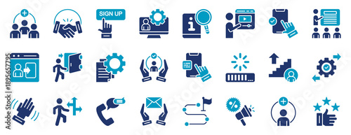 user onboarding icon set collection in glyph duotone style. icon set consist of user onboarding, welcome, sign up, account setup, user guide, tutorial, user experience, training