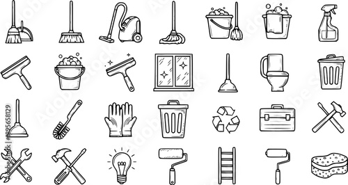 Hand Drawn Black and White Line Art Icons Set of Cleaning, Household Maintenance, and DIY Tools