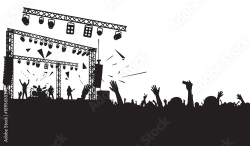 Silhouettes of musicians performing on a stage with lights and sound equipment, while an excited audience cheers.