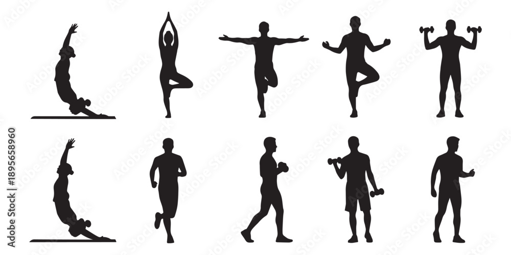 Fototapeta premium Silhouette of a man performing various exercises, including yoga poses and weightlifting, representing fitness and healthy lifestyle.