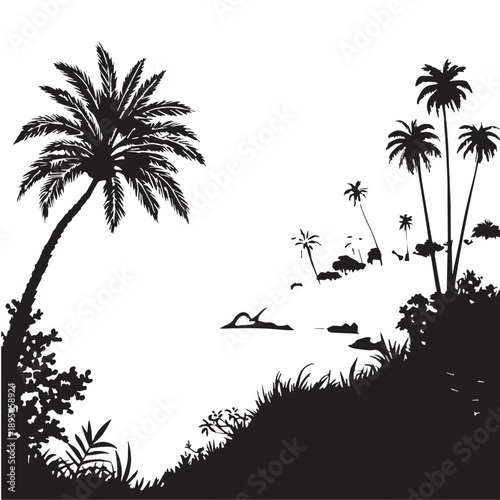 Black Calm Ocean View Silhouette Vector, High Quality Illustration on White Background