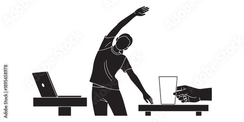 Silhouette illustration of a person stretching at a desk with a laptop, showing work-life balance and office wellness.