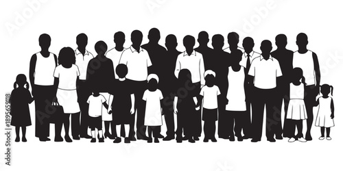 Silhouette of a diverse group including adults and children, representing family, generations, and a multicultural community.