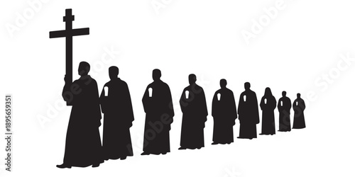 Solemn procession of religious figures in robes, with a leader bearing a large Christian cross, followed by many holding small glowing candles, on a crisp white background.