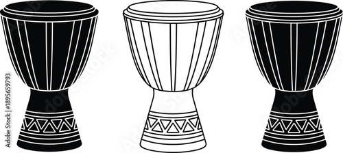 African djembe drum silhouette and outline vector illustrations set featuring traditional hand percussion instruments isolated on white background