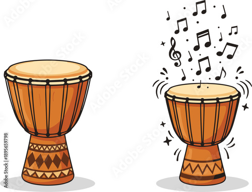 African djembe drum vector illustrations set with musical notes traditional percussion instrument cartoon style isolated on white