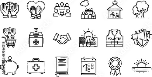 Charity and Volunteering Icons: Hands Globe, Heart, People, Donation Box, Handshake, Calendar, Piggy Bank, Medical Kit, Book, Sunrise, Vest, Megaphone
