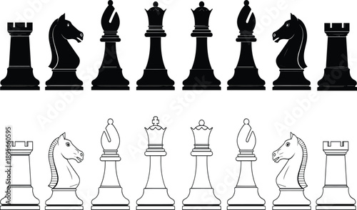 Chess pieces vector, black and white icons, strategic game setup, rook knight bishop queen king, silhouette and outline illustration