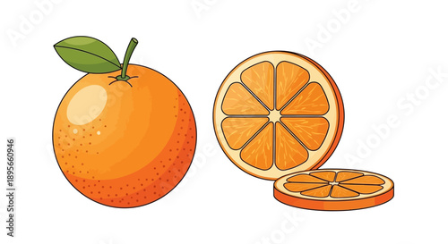 illustration of fresh orange with slices showing vibrant juicy interior and textured outer peel