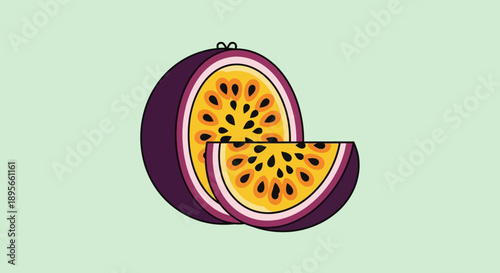 Colorful Whole and Sliced passion fruit Illustration with vibrant pulp and purple skin