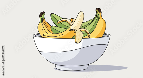 Illustration of a bowl filled with a variety of bananas including ripe and unripe bananas in a