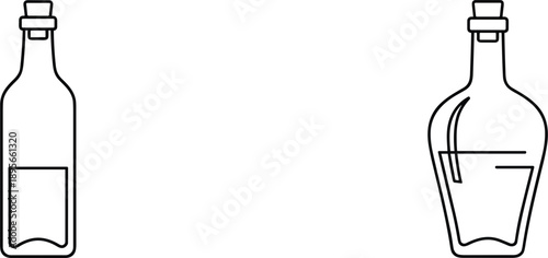 Glass bottle outline vector icons set with minimalist beverage container designs packaging symbols isolated on white background