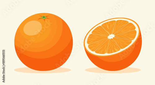 Illustration of an orange whole and half showing vibrant juicy interior