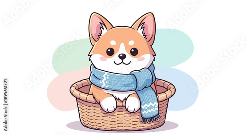 Charming corgi puppy nestled comfortably in a woven basket wearing a blue scarf