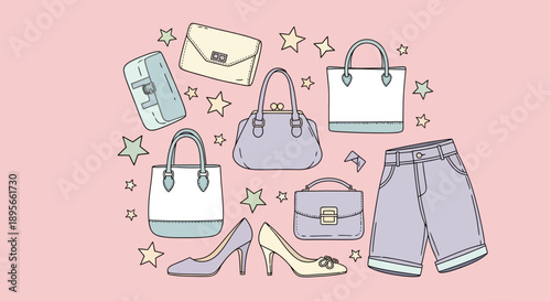 Charming fashion illustration featuring stylish handbags shoes and trendy shorts against a soft