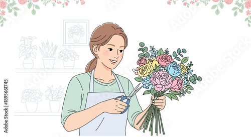 Charming florist creating a vibrant bouquet in her flower shop with delicate flowers
