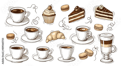 Charming hand-drawn coffee and dessert illustration creating a cozy and inviting atmosphere