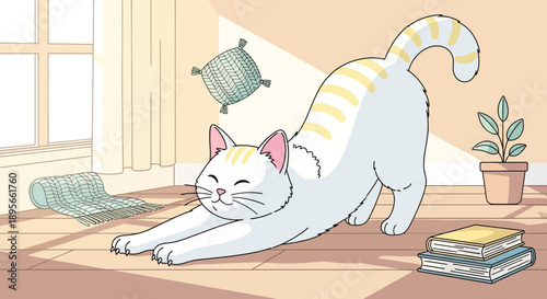 Charming illustration depicts a cat stretching in a cozy sunlit room creating a peaceful and