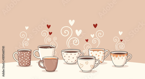 Charming illustration featuring an array of coffee cups adorned with hearts and steaming delight