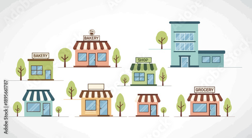 Charming illustration of colorful local businesses showcasing a vibrant community setting
