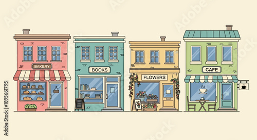 Charming row of colorful storefronts featuring a bakery books flowers and cafe illustration