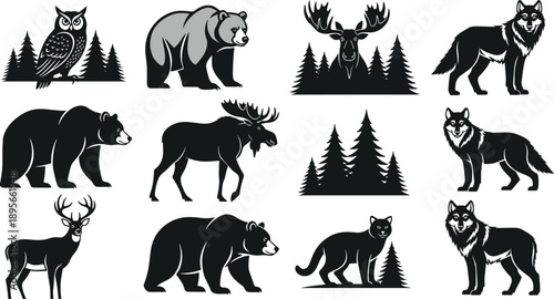 Collection of Wild Forest Animal Silhouette Vector Illustration Set Featuring Bear Wolf Moose Owl and Deer for Nature Conservation Wildlife and Hunting Design