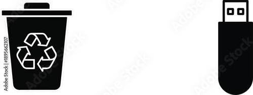 Recycle bin and USB flash drive silhouette vector icons set for waste management and data storage symbols