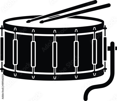 Snare drum silhouette vector illustration with drumsticks marching band percussion instrument isolated on white background music performance design