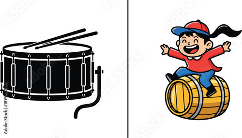 Snare drum silhouette and cute cartoon boy on barrel vector illustrations set music rhythm playful design isolated