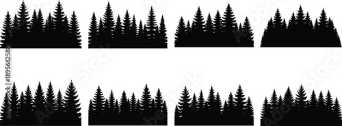 Coniferous forest tree line silhouette vector set featuring dense evergreen pine and spruce woods for outdoor adventure camping nature landscape and wilderness branding designs