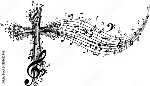 Creative music style template with colorful cross, music staff, and notes. Religion-themed design for gospel church music, choir singing, prayer, and Christian concerts. Inspires worship through sound