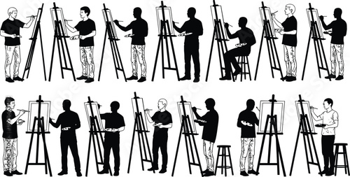 “Art Class Silhouettes – People Painting and Drawing at Easels in Workshop Setting on Gray Background”