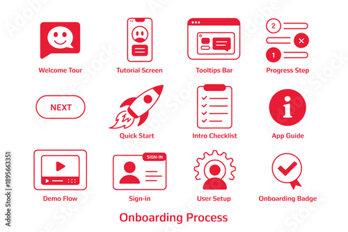 app onboarding tutorial icon set with guide screens progress steps and user introduction workflow in outline style.