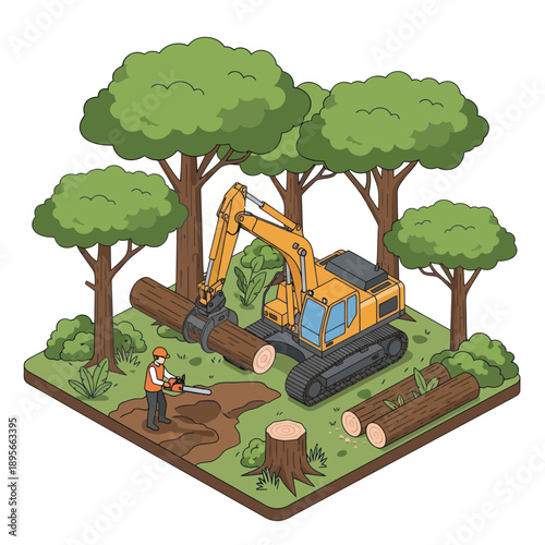 Excavator Logging Operation in Forest Area.