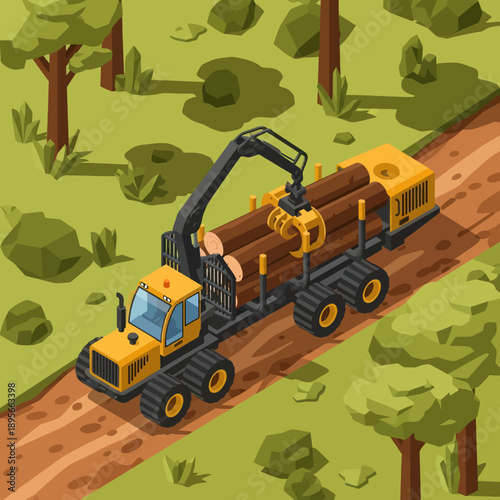 Yellow Logging Truck with Crane in Forest.